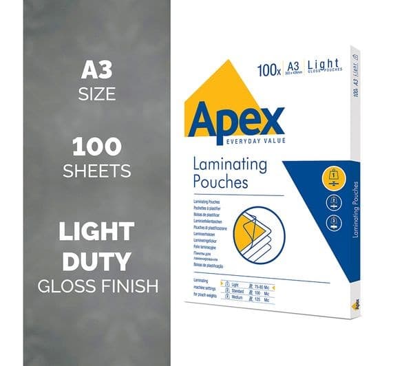 Fellowes Apex Light Duty 150 Micron Laminating Pouches - Pack of 100 - A3 - Image 2