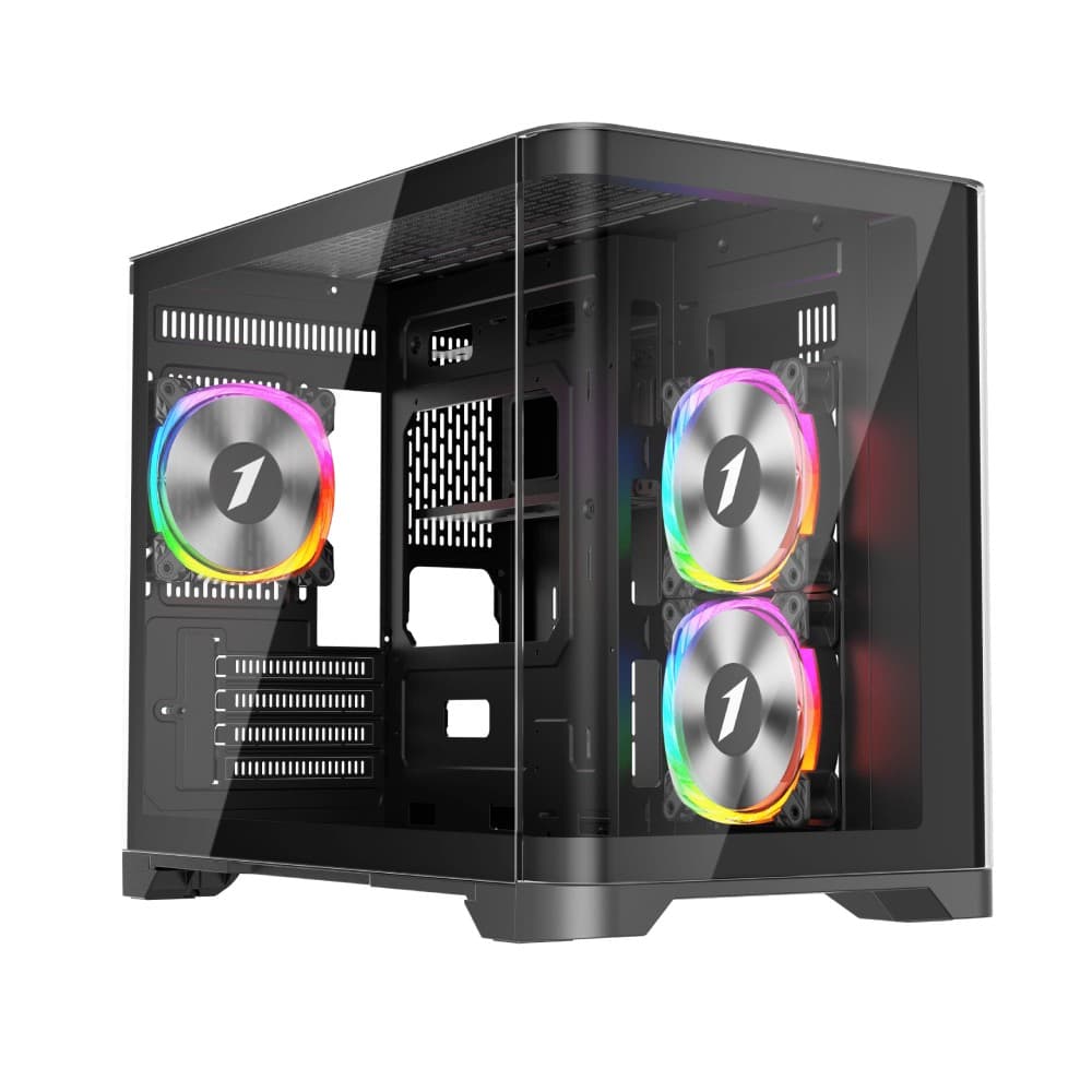 1st Player UV6 Tempered Glass Micro ATX Gaming Case - Black with 3 RGB Fans - Image 1