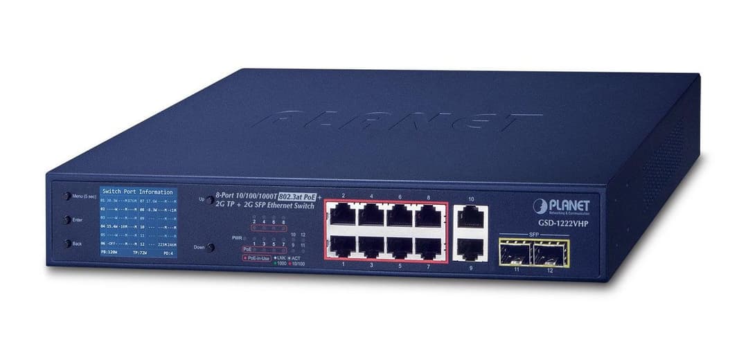PLANET GSD-1222VHP 8-Port Gigabit 802.3at PoE+ Switch with 2-Port TP and 2-Port SFP Uplinks and LCD PoE Monitor (120W) - Image 1
