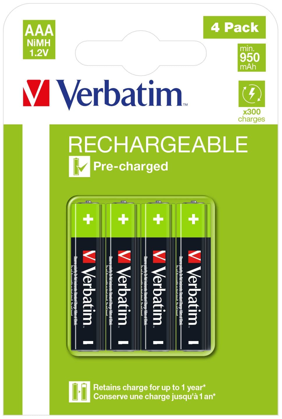 Verbatim AAA Rechargeable NiMH Batteries (Pack of 4) 49514 - Image 1