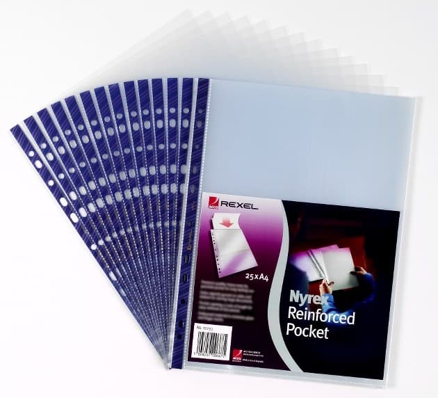 Rexel Nyrex A4 Top Opening Punched Pockets, Clear Embossed, Blue Reinforced Spine - Pack of 25 - Image 1