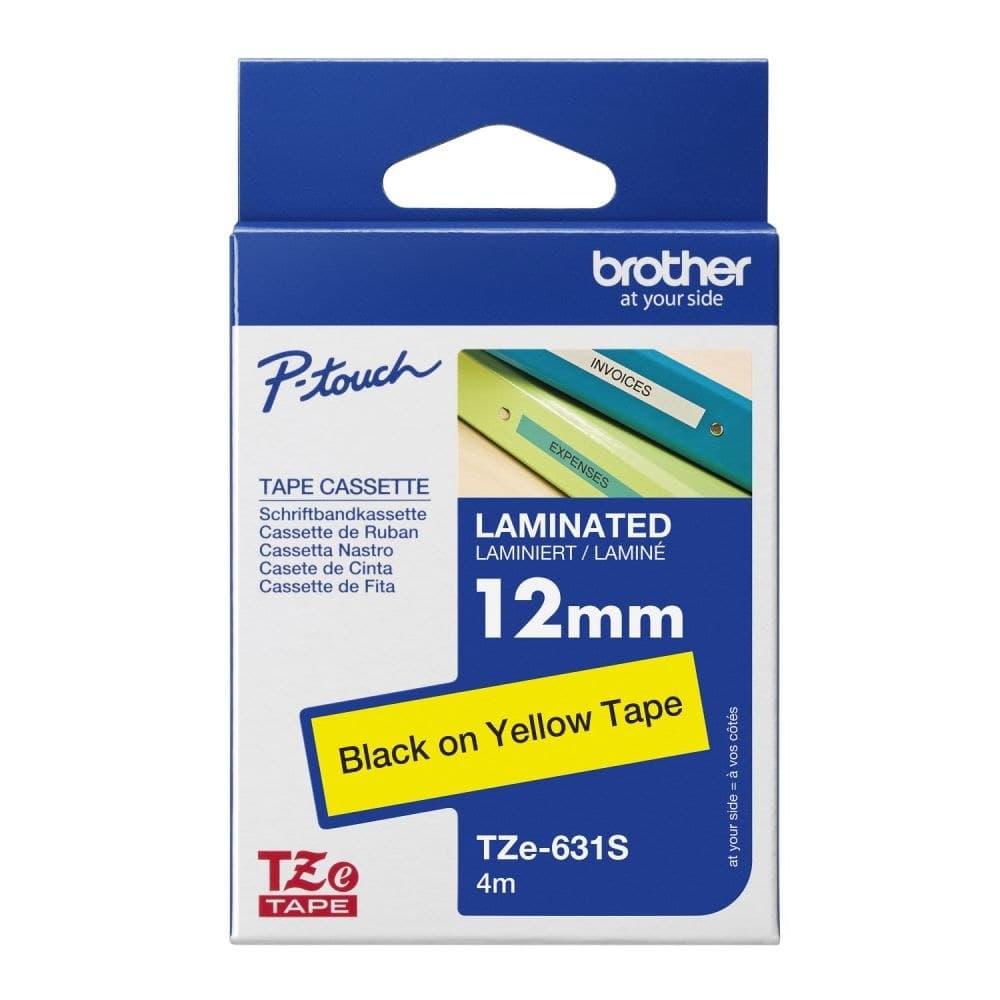 Brother TZe-631S Black on Yellow 4M x 12mm Laminated Gloss Tape - Image 1