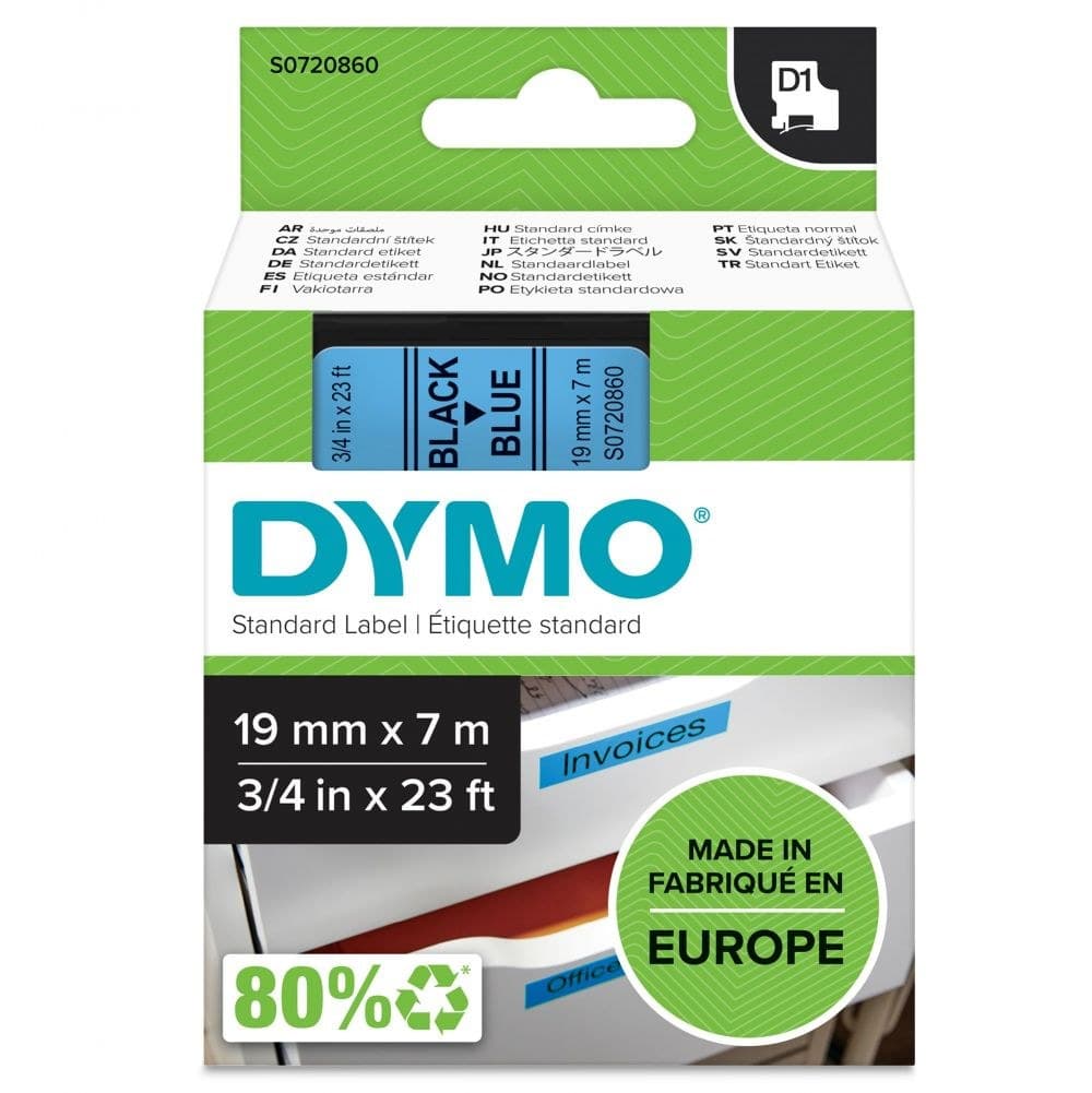 Dymo D1 Label Tape 19mm x 7m - Black on Blue - Image 1