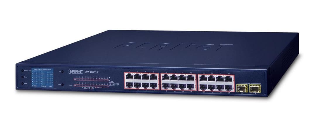 PLANET GSW-2620VHP 24-Port 10/100/1000T 802.3at PoE + 2-Port Gigabit SFP Ethernet Switch with LCD PoE Monitor (300W PoE Budget) - Image 1
