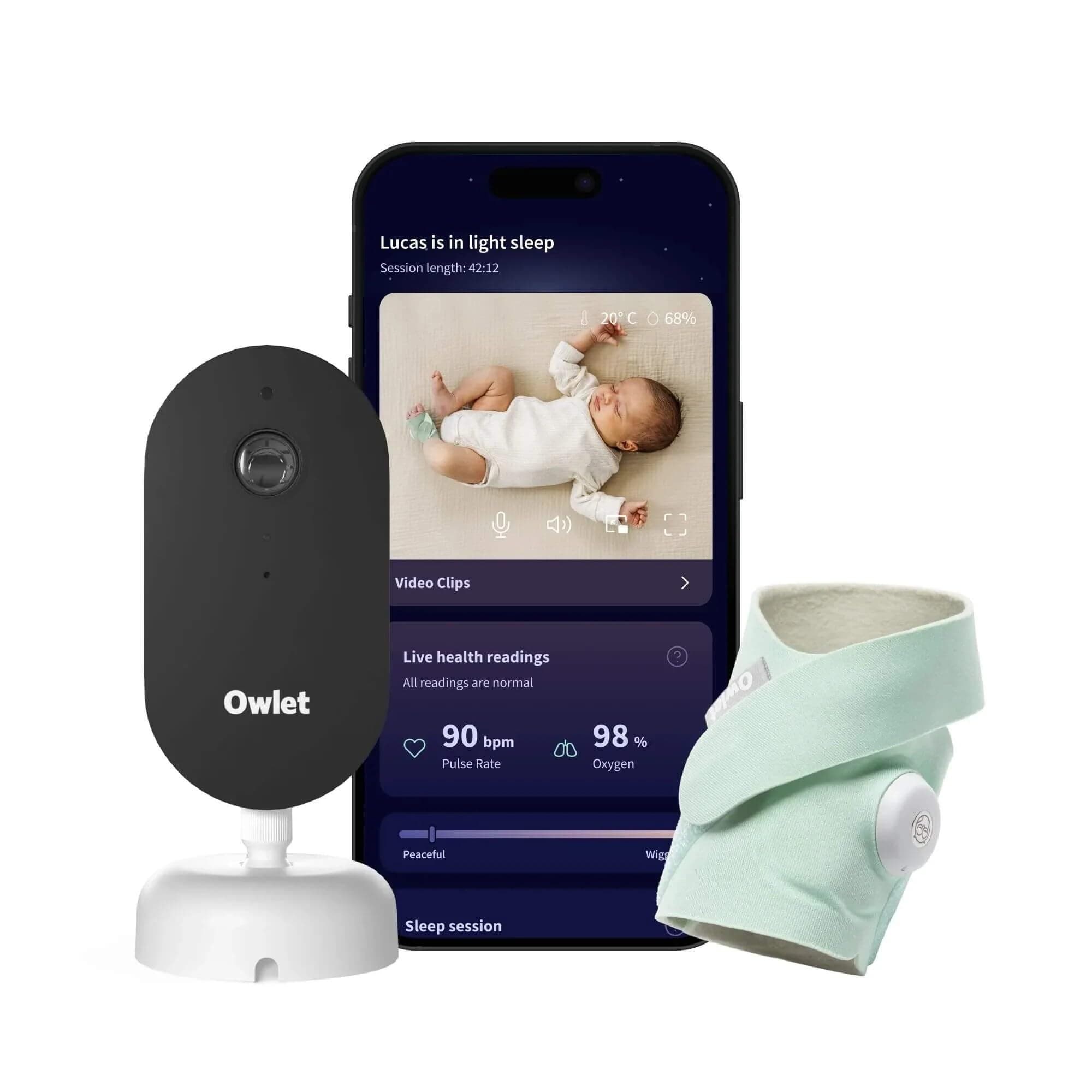 Owlet Dream Duo 3 Smart Baby Monitor System, Dream Sock + 2K HD Camera - Duo Mint