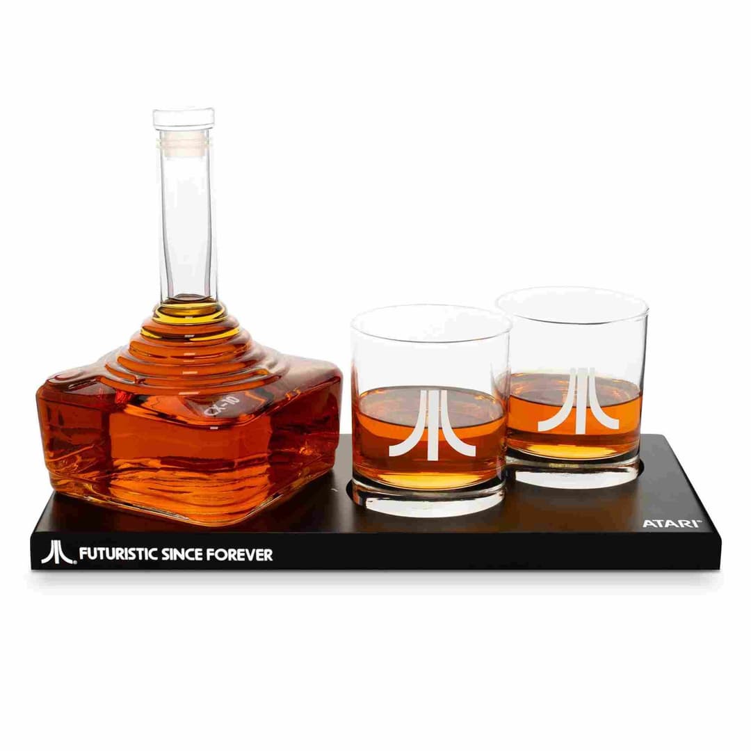 Official Atari CX-10 Joystick Decanter Set 750ml with 2 x 300ml Action Button Whisky Glasses & CX78+ Tray - Image 1
