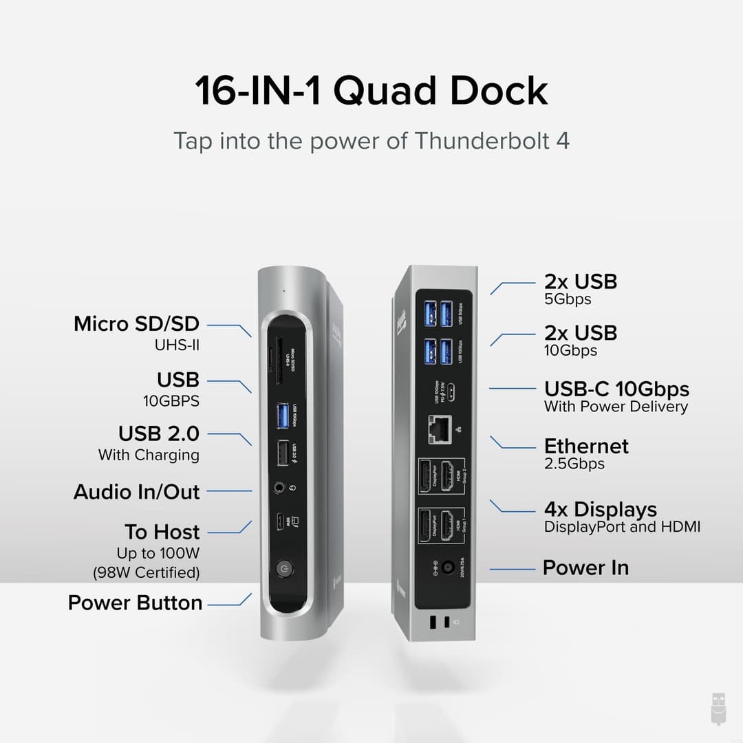 Plugable Technologies TBT4-UDZ 16-in-1 Thunderbolt 4 Certified Dock, 100W Charging, Quad 4K 60Hz on Windows, 2x HDMI, 2x DisplayPort, 7x USB, 2.5G Ethernet, SD & microSD, Audio - Image 2