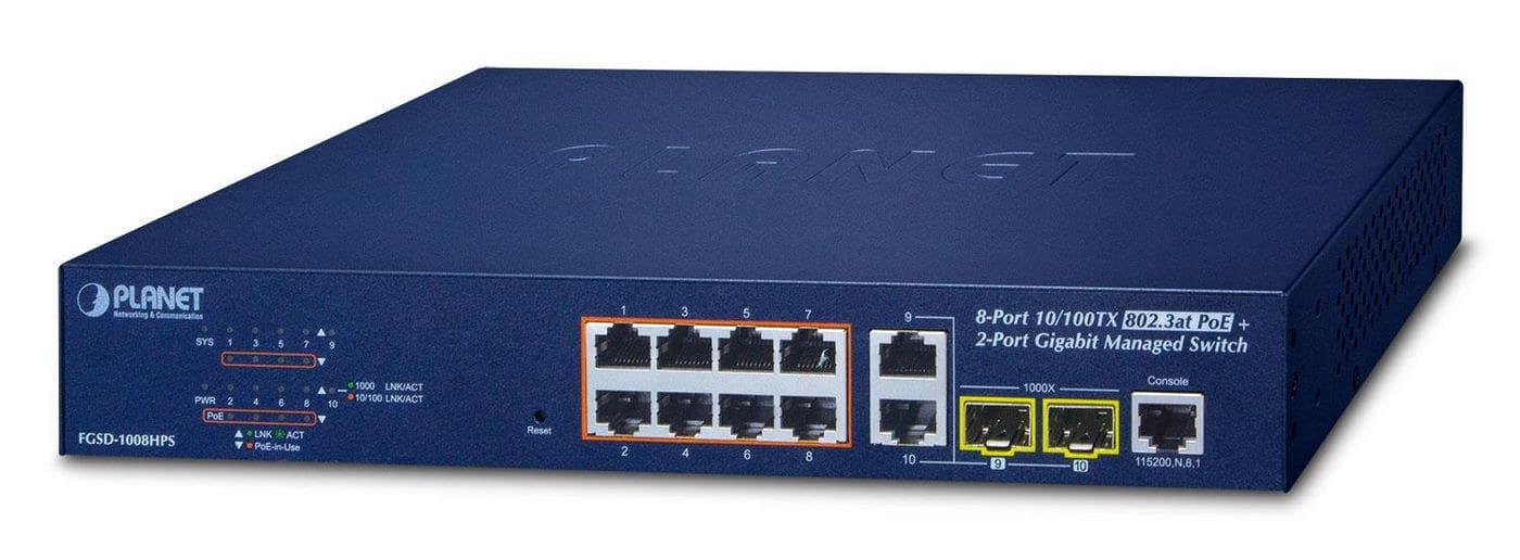 PLANET FGSD-1008HPS 8-Port 10/100TX 802.3at PoE + 2-Port Gigabit TP/SFP Combo Managed Ethernet Switch (120W)