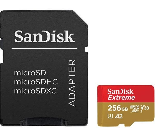 SanDisk Extreme 256 GB microSDXC Memory Card with SD Adapter (190MB/s Read, 130MB/s Write, Class 10, U3, V30, A2)