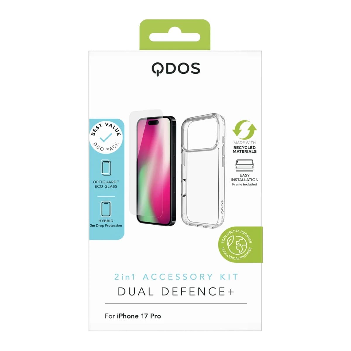 QDOS DUAL DEFENCE+ iPhone 18 Pro / 17 Pro Clear Case & Screen Protector Bundle QD-17P-DDP-CLEG - Clear
