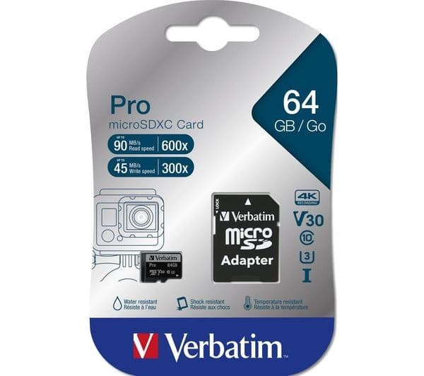 Verbatim Pro Class 10 U3 V30 microSD Memory Card with SD Adapter - 64GB - Image 3