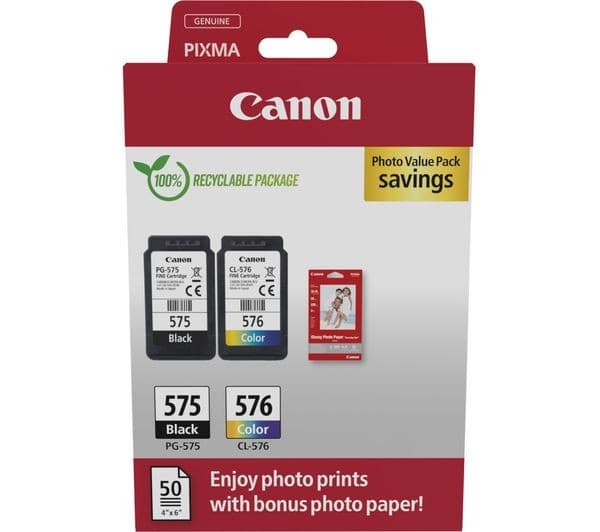Canon PG-575/CL-576 Photo Value Pack (5438C004) Black & Tri-colour Ink Cartridges + 50 Sheets GP-501 Photo Paper - Image 1