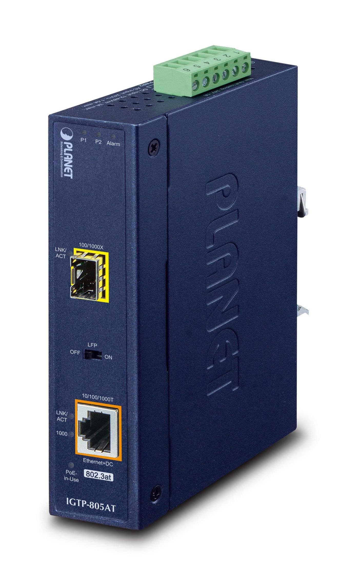 PLANET IGTP-805AT IP30 Industrial 10/100/1000BASE-T to 100/1000BASE-X SFP Media Converter with 802.3at PoE+ (-40 to 75°C)