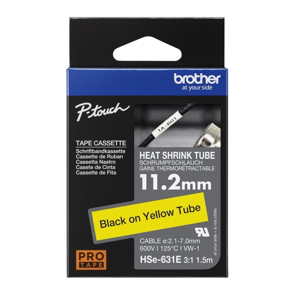 Brother HSE-631E 11.2mm x 1.5m Black on Yellow Heat Shrink Tube - Image 1