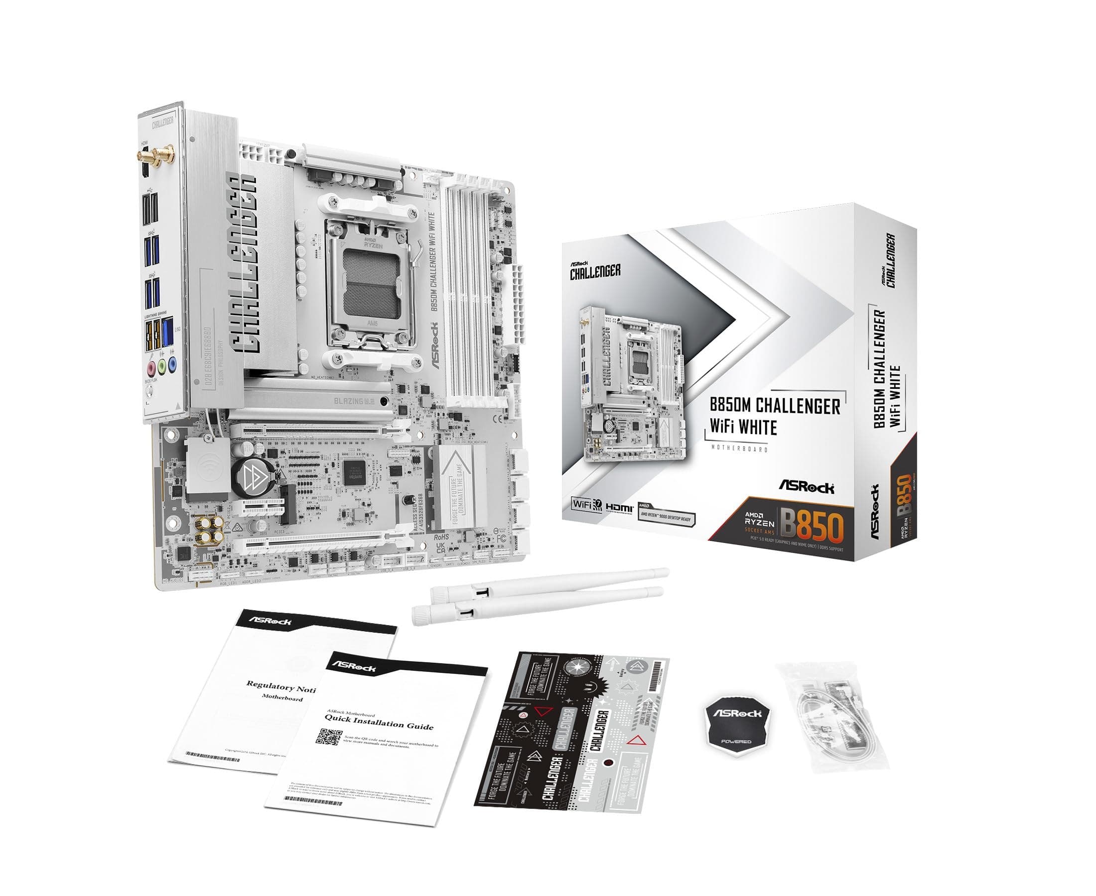ASRock B850M Challenger WiFi White AMD AM5 Micro-ATX Motherboard, DDR5, PCIe 5.0, Wi-Fi 7, 2.5G LAN