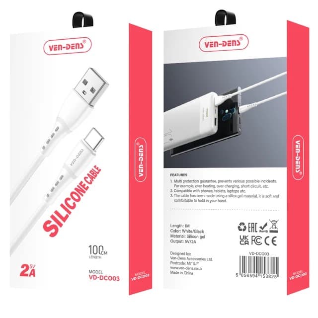 Ven-Dens 2A 5V Silicone USB-A to USB-C Cable Durable & Reliable VD-DCO03 - White - Image 2