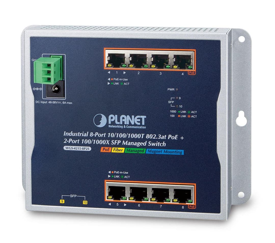 PLANET IP30 IPv6/IPv4 8-Port 1000T + SFP Wall-mount Managed Ethernet Switch (-40 to 75°C, dual 48-56V power input) - Image 1