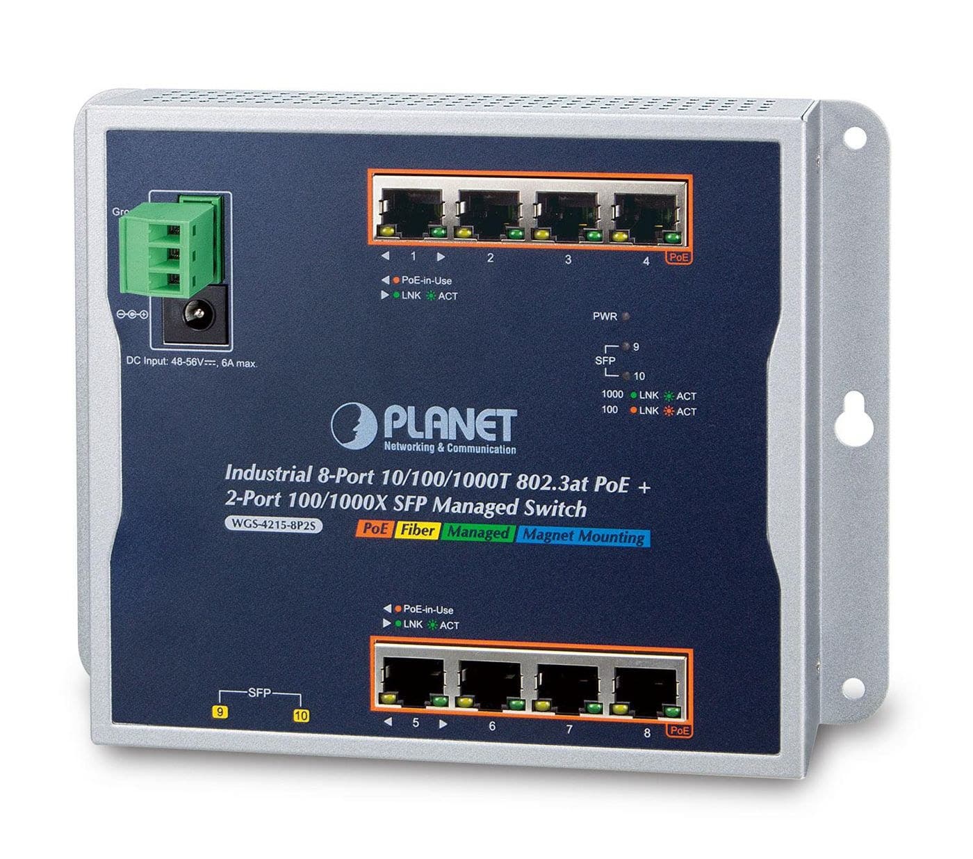 PLANET IP30 IPv6/IPv4 8-Port 1000T + SFP Wall-mount Managed Ethernet Switch (-40 to 75°C, dual 48-56V power input)