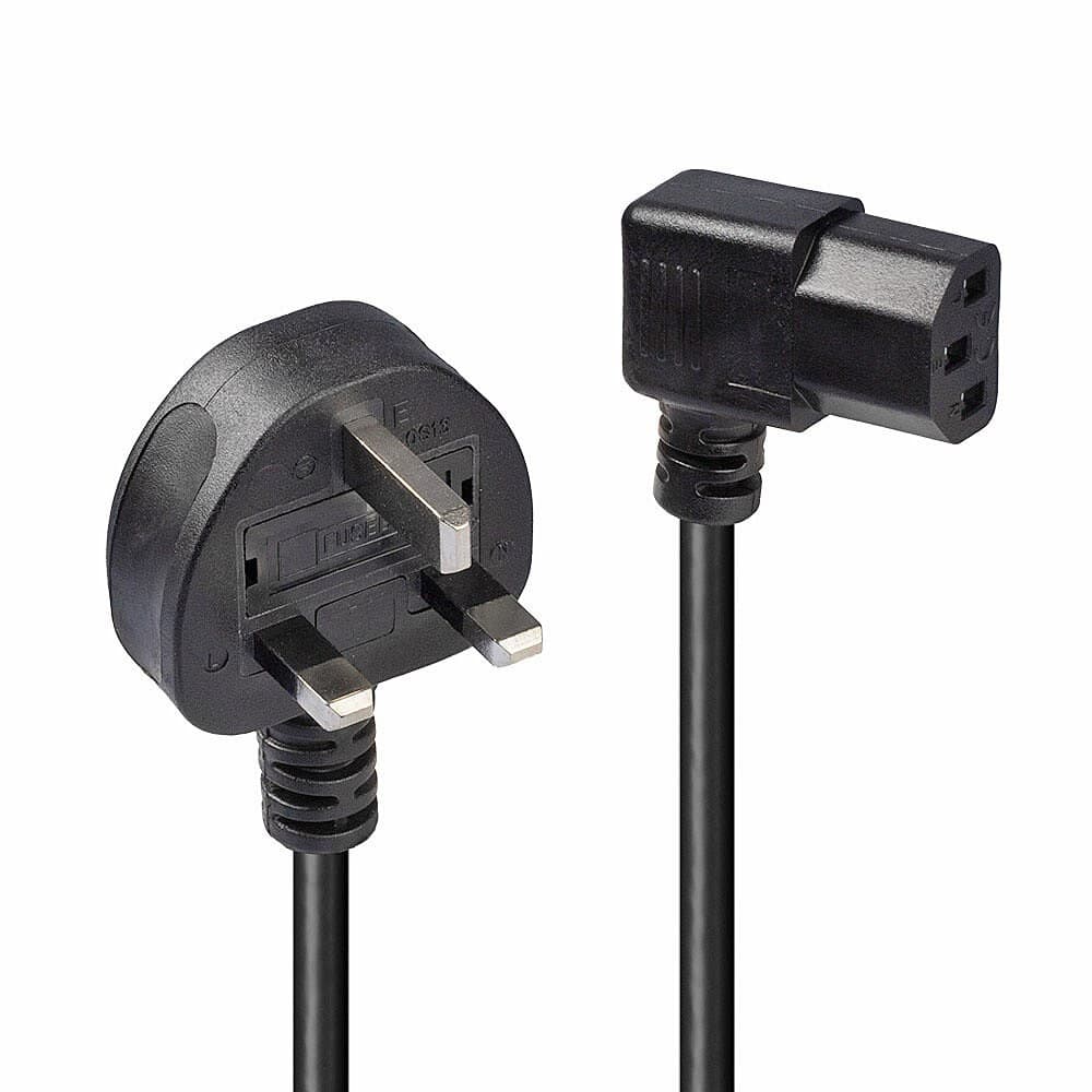 Lindy 1m UK 3 Pin Plug to Right Angled IEC C13 Mains Power Cable, Black - Image 1