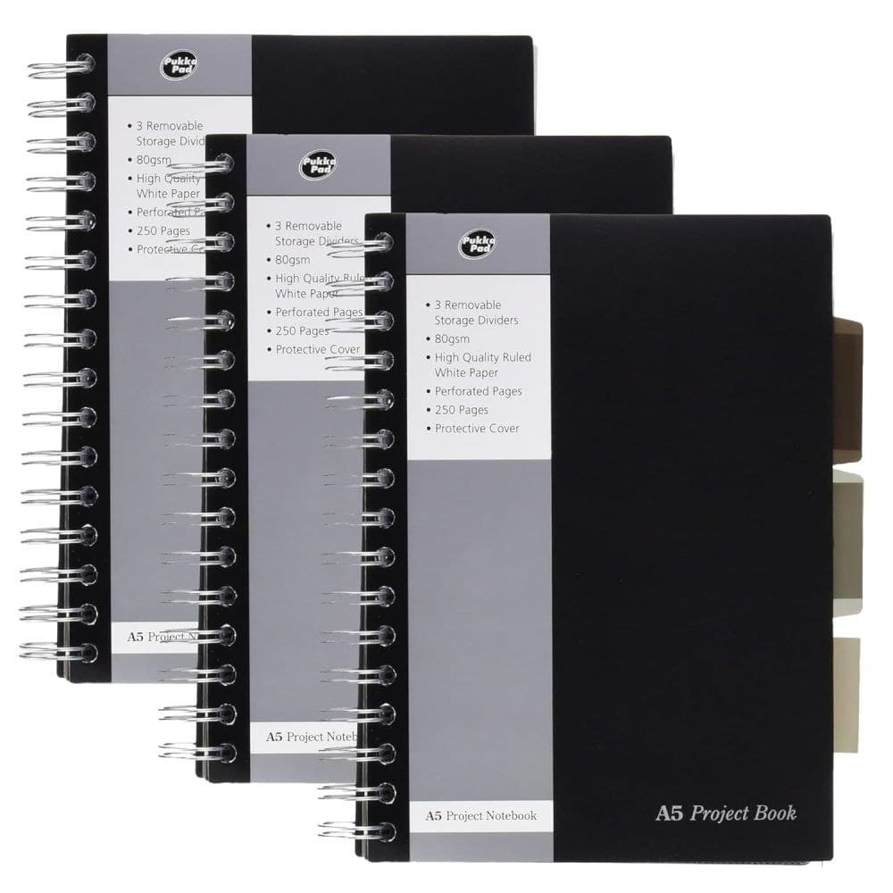Pukka Pads Black Range Wirebound Project Book Ruled 250 Pages Pack of 3 - A5 - Image 1