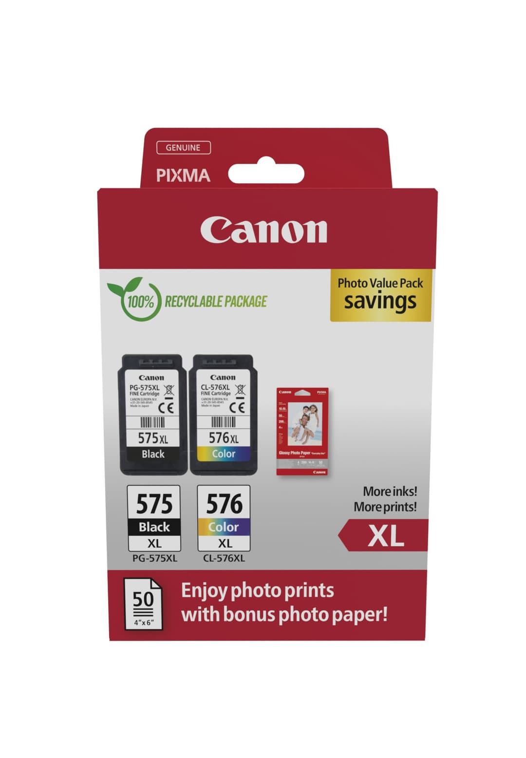 Canon PG-575XL/CL-576XL (5437C006) Ink Cartridge Photo Value Pack 2 pc(s) Original High (XL) Yield Black, Cyan, Magenta, Yellow + 50 Sheets GP-501 10x15cm Glossy Photo Paper - Image 1
