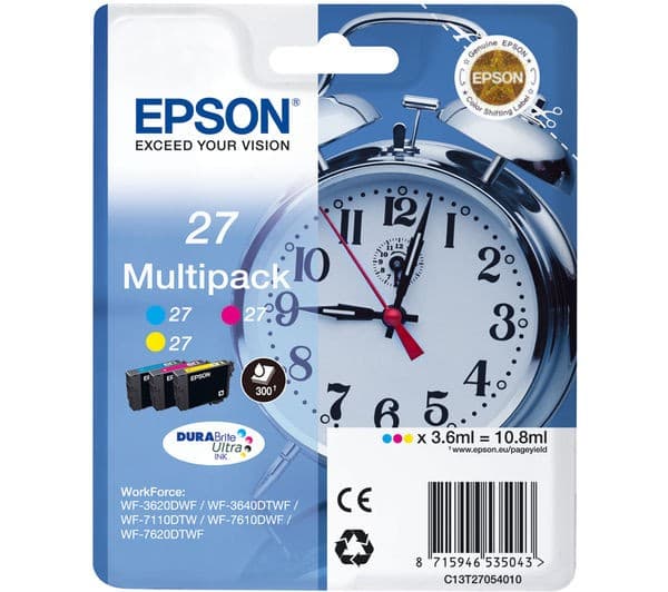 EPSON Alarm Clock 27 Cyan, Magenta & Yellow Ink Cartridges - Multipack - Image 1
