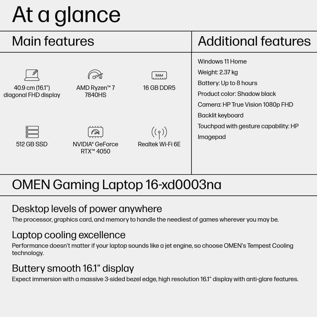 OMEN by HP OMEN 16-xd0003na AMD Ryzen™ 7 7840HS Laptop 40.9 cm (16.1") Full HD 16 GB DDR5-SDRAM 512 GB SSD NVIDIA GeForce RTX 4050 Wi-Fi 6E (802.11ax) Windows 11 Home Black - Image 4