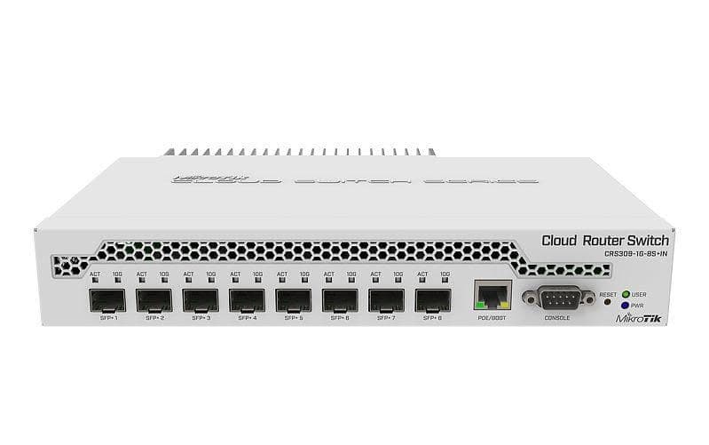 MikroTik CRS309-1G-8S+IN Cloud Router Switch, 8 x SFP+ 10G, 1 x Gigabit Ethernet, 800MHz Dual-Core, 512MB RAM, RouterOS L5 / SwOS Dual Boot, Desktop Case with Rack Ears
