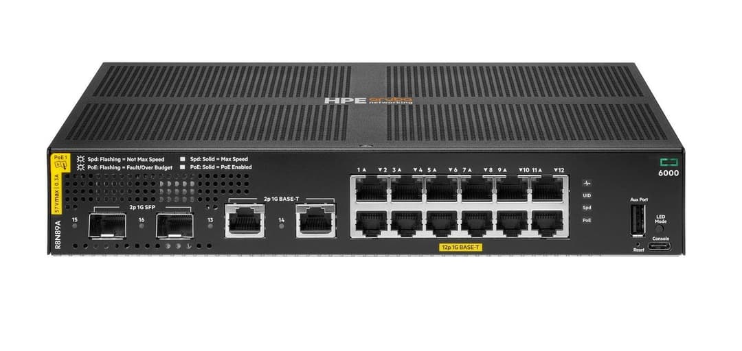 HPE Aruba 6000 12G Class4 PoE 2G/2SFP+ 139W Managed Switch (R8N89A) - Image 1