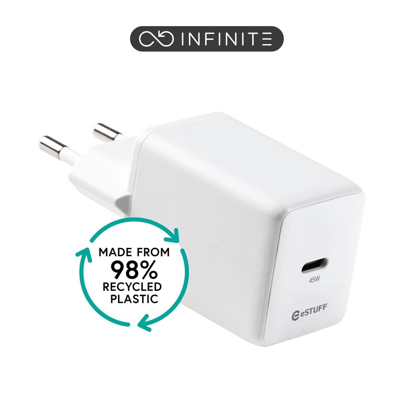 eSTUFF INFINITE (GRS) USB-C GaN Charger 45W PD, EU Plug - White, Retail Pack