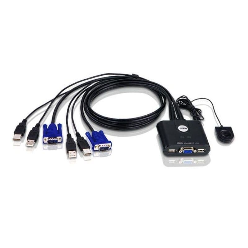 ATEN CS22U 2-Port USB VGA Cable KVM Switch with Remote Port Selector - 0.9m Built-in Cables, Up to 2048 x 1536