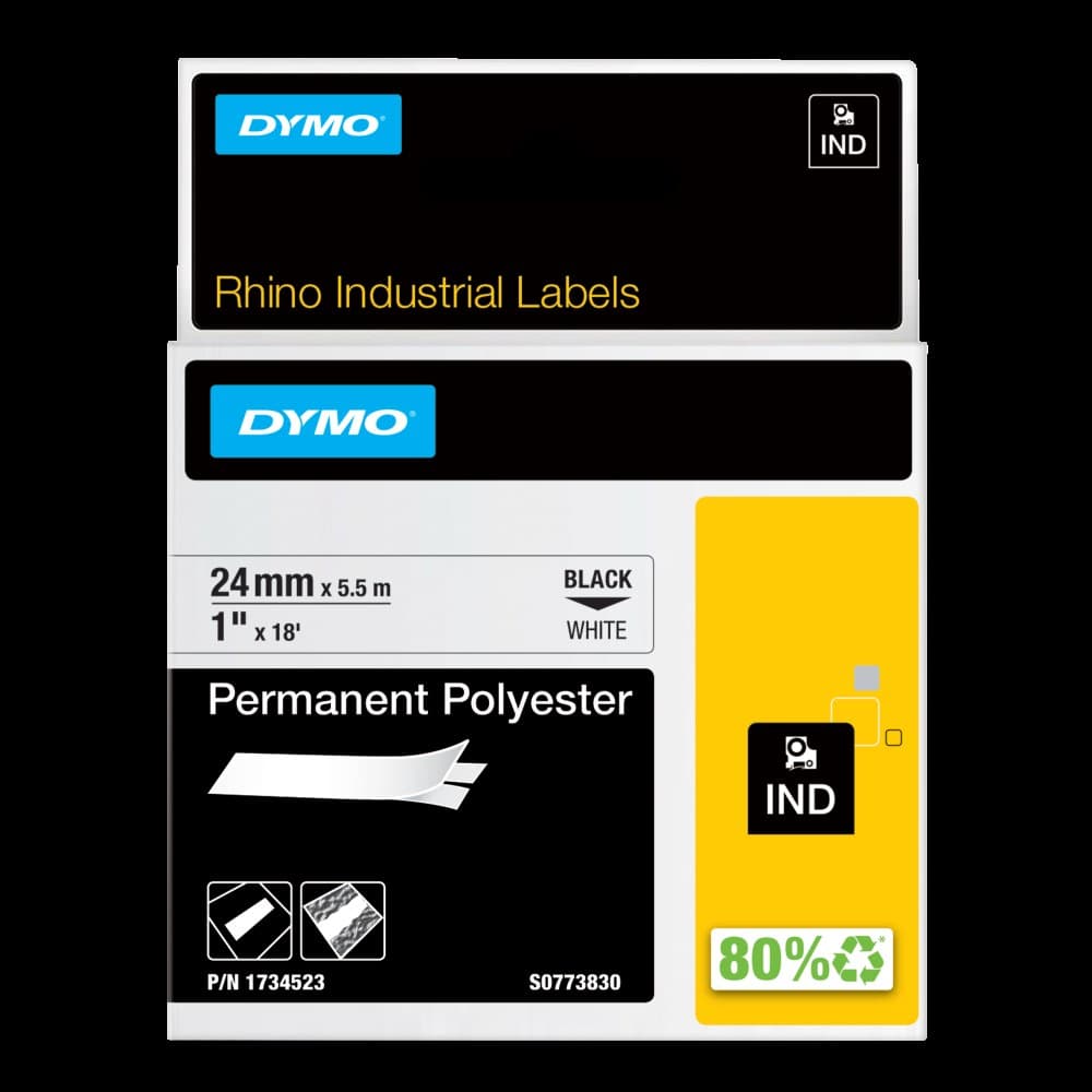 Dymo S0773830 24mm Black on White Permanent Polyester Tape - S0773830