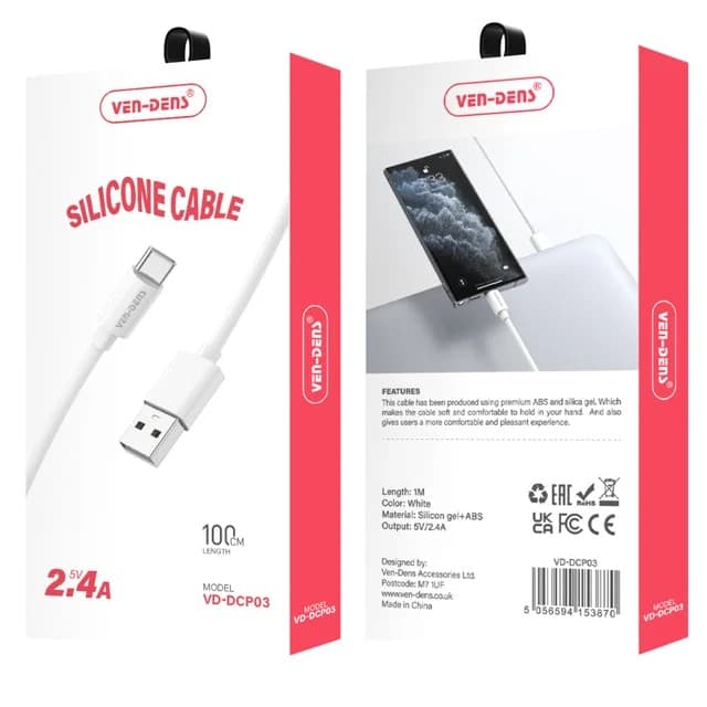 Ven-Dens Silicone USB-A to USB-C Cable, Durable, Heat-Resistant & Reliable, VD-DCP03 - White - Image 2