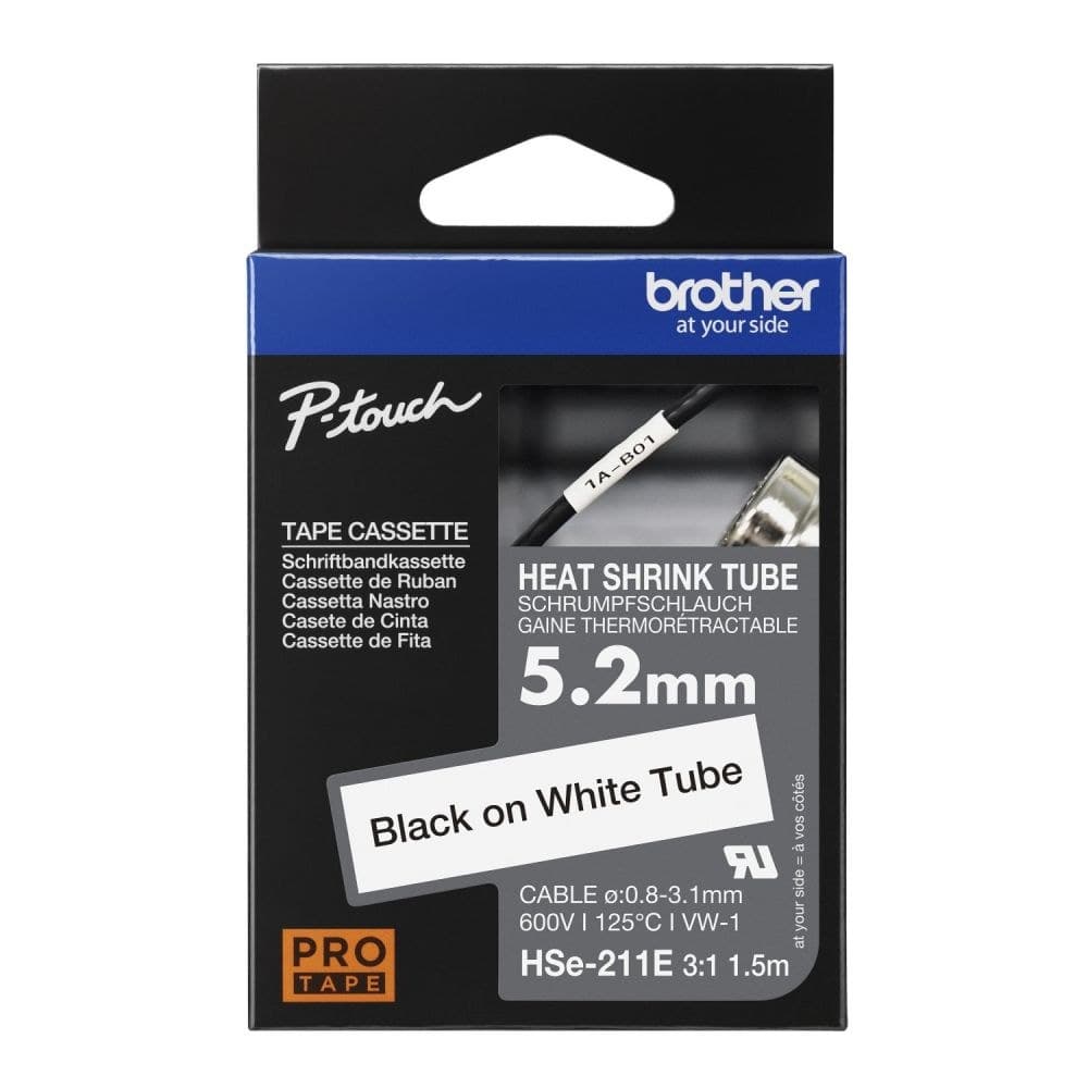 Brother HSE-211E 5.2mm Black on White Heat Shrink Tube - Image 1