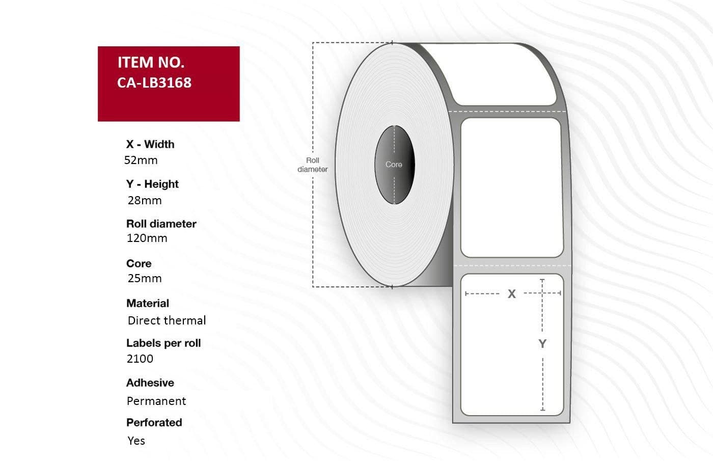 Capture Label 52 x 28mm, Core 25mm, Direct Thermal, Top Coated, Permanent, 2100 Labels per Roll, 12 Rolls per Box (CA-LB3168)