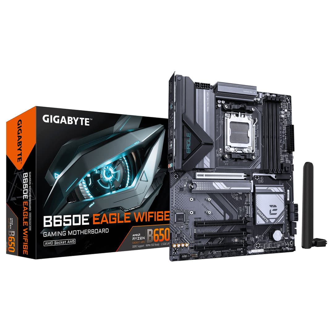 GIGABYTE B650E EAGLE WIFI6E AM5 ATX Motherboard - AMD Socket AM5, AMD Ryzen 9000 Series CPUs, 8+2+2 Phases VRM, up to 8200MHz DDR5 (OC), 1xPCIe 5.0 + 2xPCIe 4.0 M.2, 2.5GbE LAN, WIFI 6E, USB 3.2 Gen 2 - Image 1