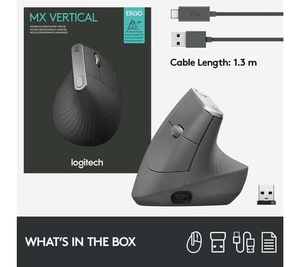 Logitech MX Vertical Ergonomic Wireless Mouse (910-005448) - Bluetooth / USB Receiver - Graphite - Image 10