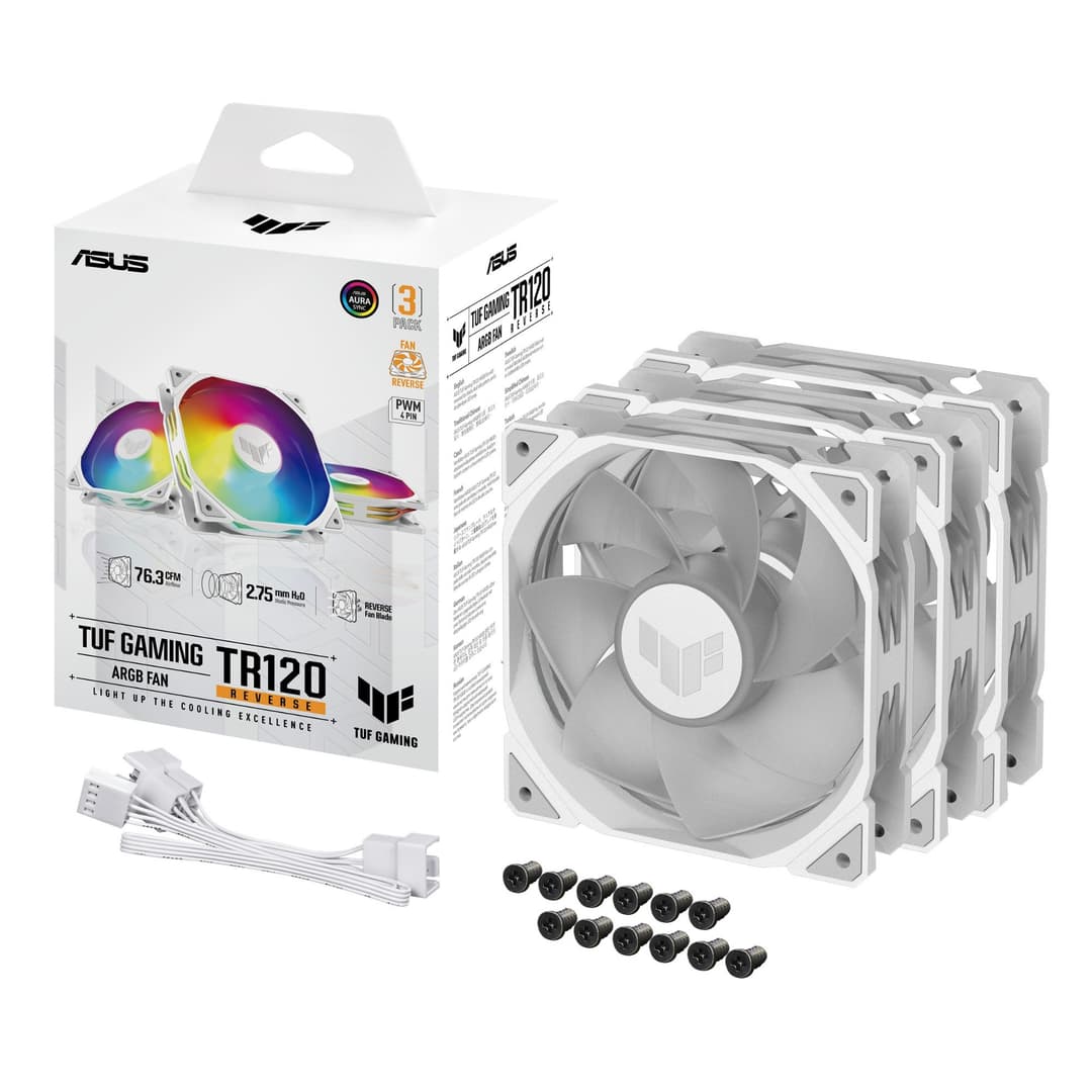 ASUS TUF Gaming TR120 ARGB Reverse 120mm Case Fan - White 3-Pack - Image 1