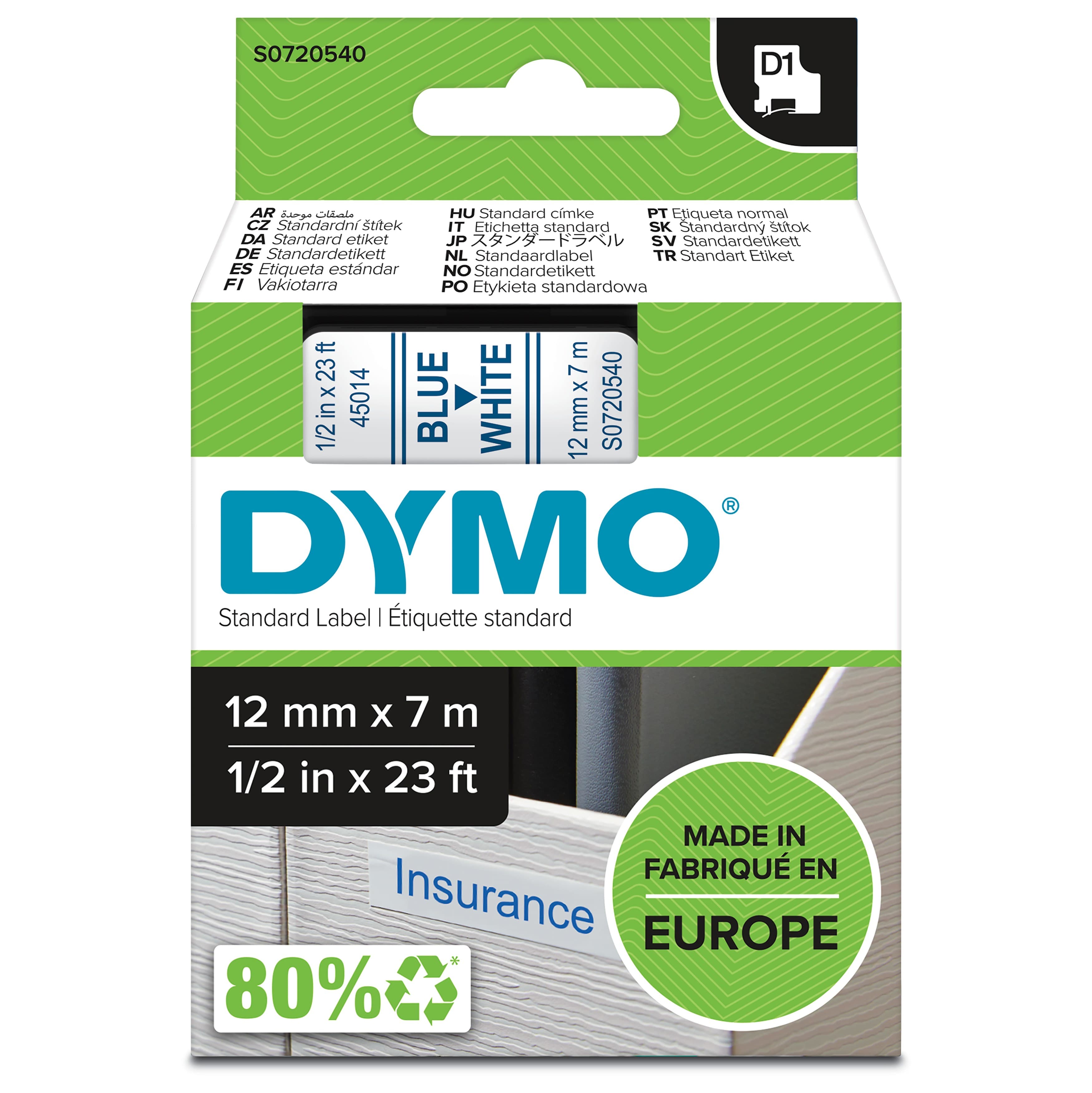 DYMO D1 Label Tape 12mm x 7m - Blue on White