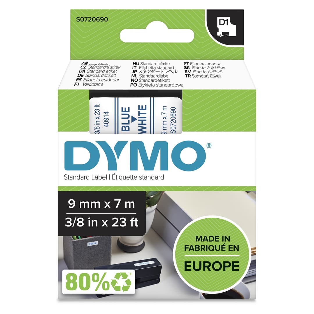 DYMO Authentic D1 Standard Label Tape 9mm x 7m - Blue on White - Image 1