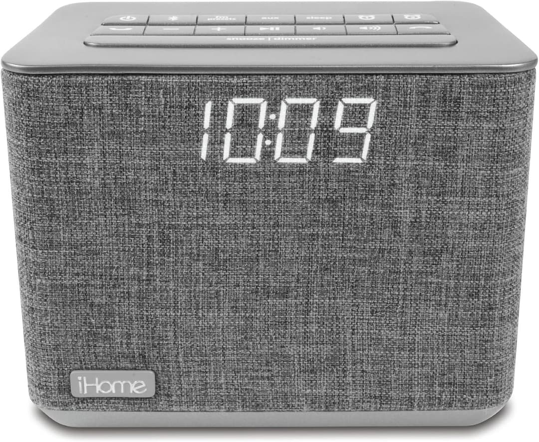 iHome Bluetooth Dual Alarm FM Radio Clock with Speakerphone and USB Charging, - Grey - Image 1