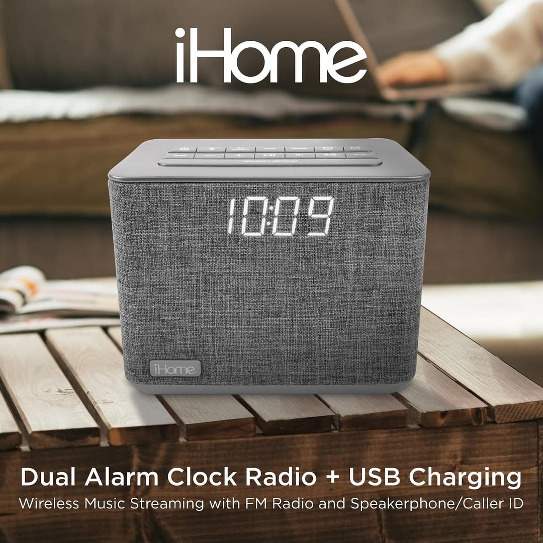 iHome Bluetooth Dual Alarm FM Radio Clock with Speakerphone and USB Charging, - Grey - Image 3