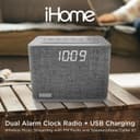 iHome Bluetooth Dual Alarm FM Radio Clock with Speakerphone and USB Charging, - Grey thumbnail 3