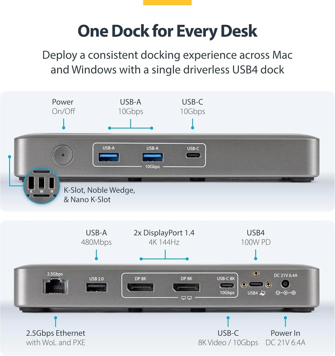 StarTech USB4 Universal Dock Dual 4K 144Hz 8K 60Hz DisplayPort 100W Passtrough - Image 2